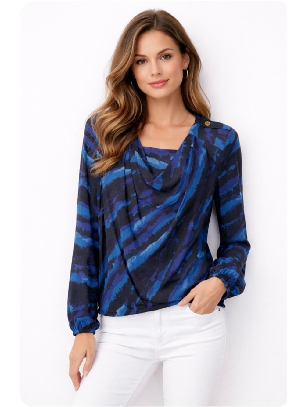 TORY BURCH | Watercolor Silk Draped Blue Abstract Print Long-Sleeve Top Sz. 4 - Picture 1 of 4